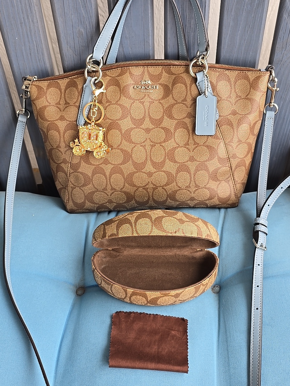 Coach Signature Canvas Tote in Tan with Light Blue Trim